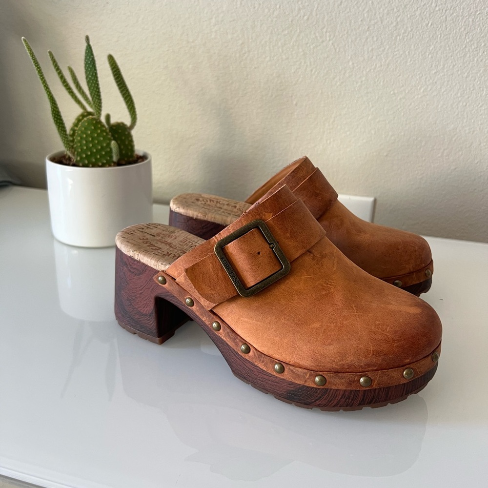 Kork-Ease Leather Clog Mules in Cognac Brown